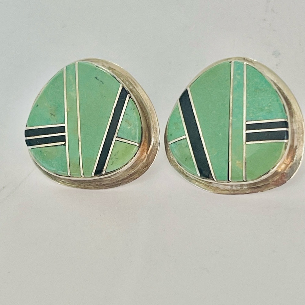 VTG NATIVE AMERICAN NAVAJO STERLING L.Lewis TURQUOISE ONYX
EARRINGS